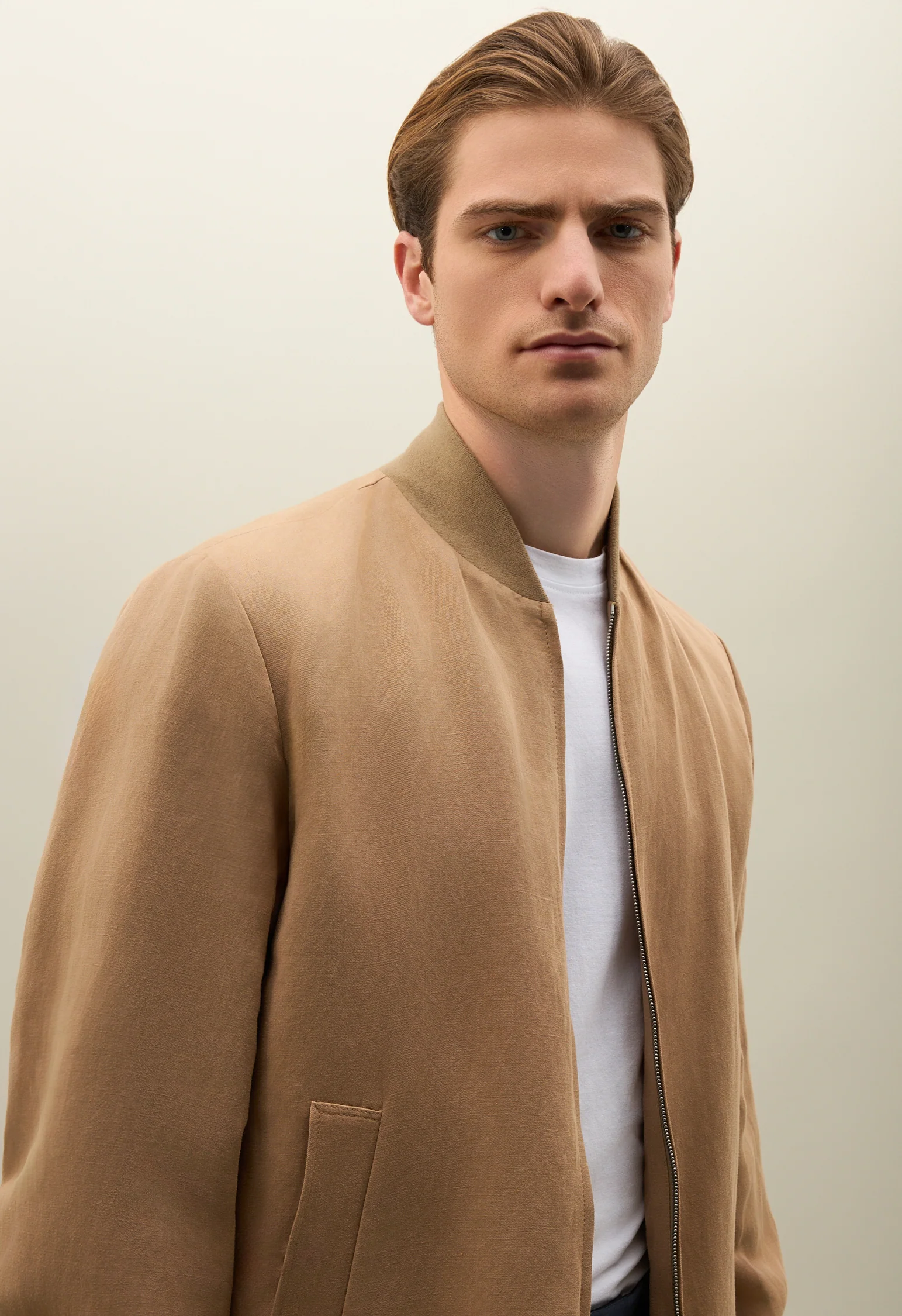 Bomber in lino e tencel satin beige scuro - Image 3