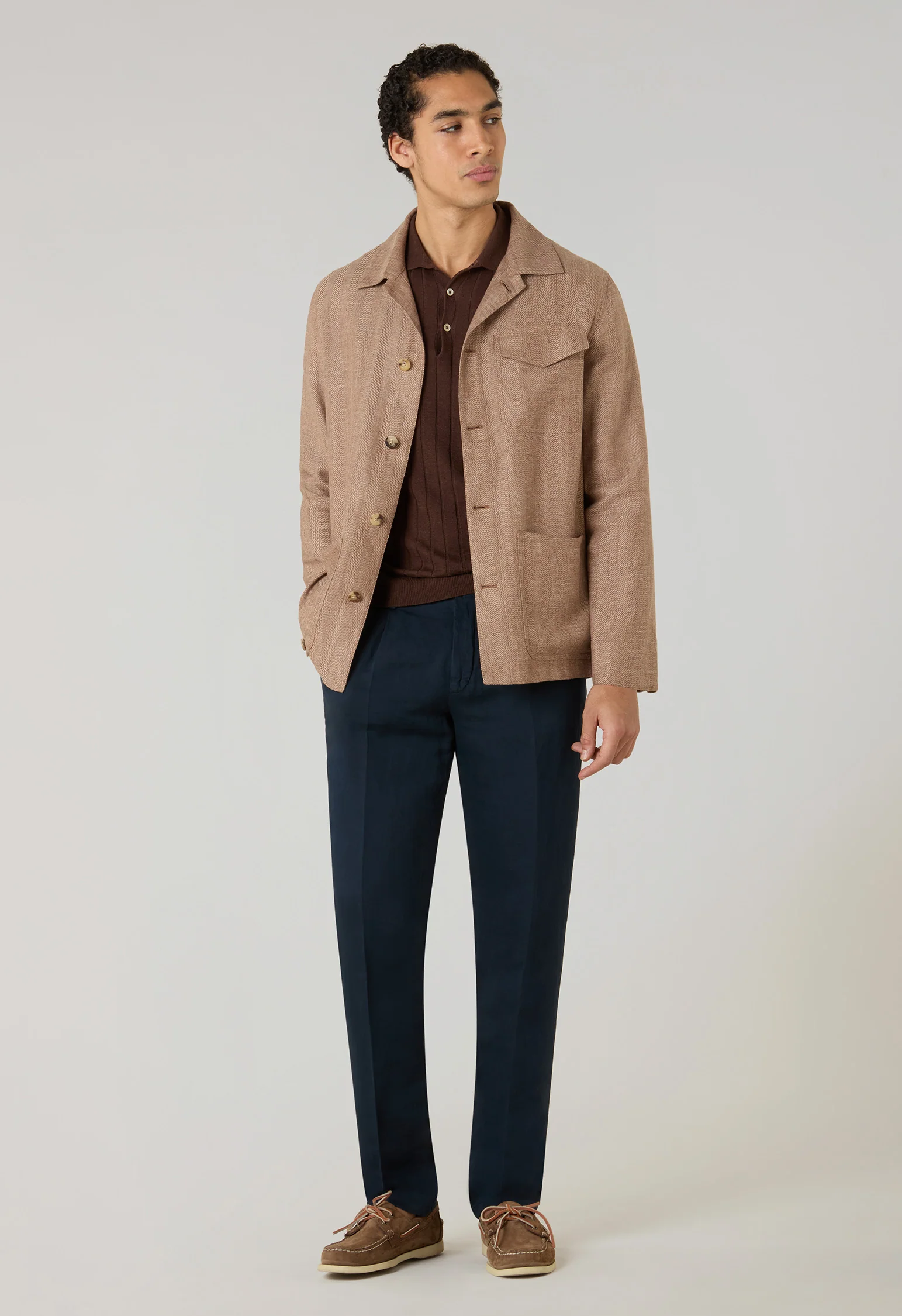 Giacca Workwear in lino e lana a spina di pesce marrone chiaro - Image 3