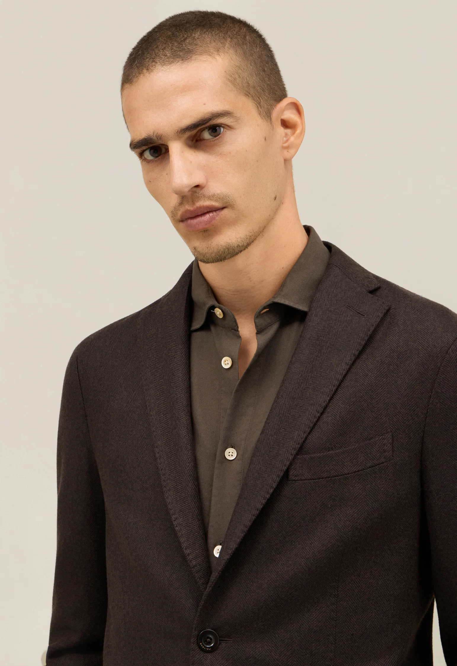 K-Jacket in lana tinta in capo a spina di pesce marrone - Image 3