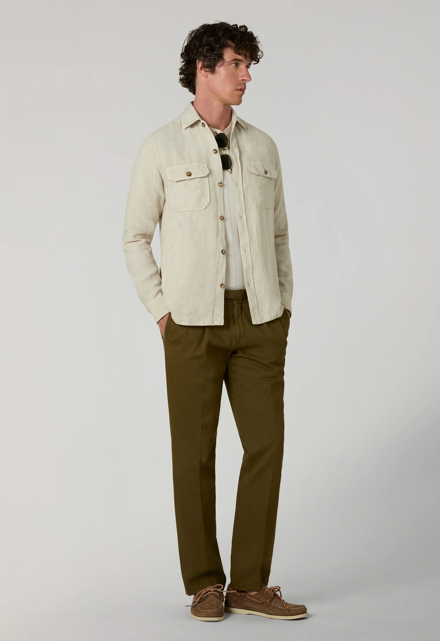 Overshirt in lino tinto in capo beige - Image 3