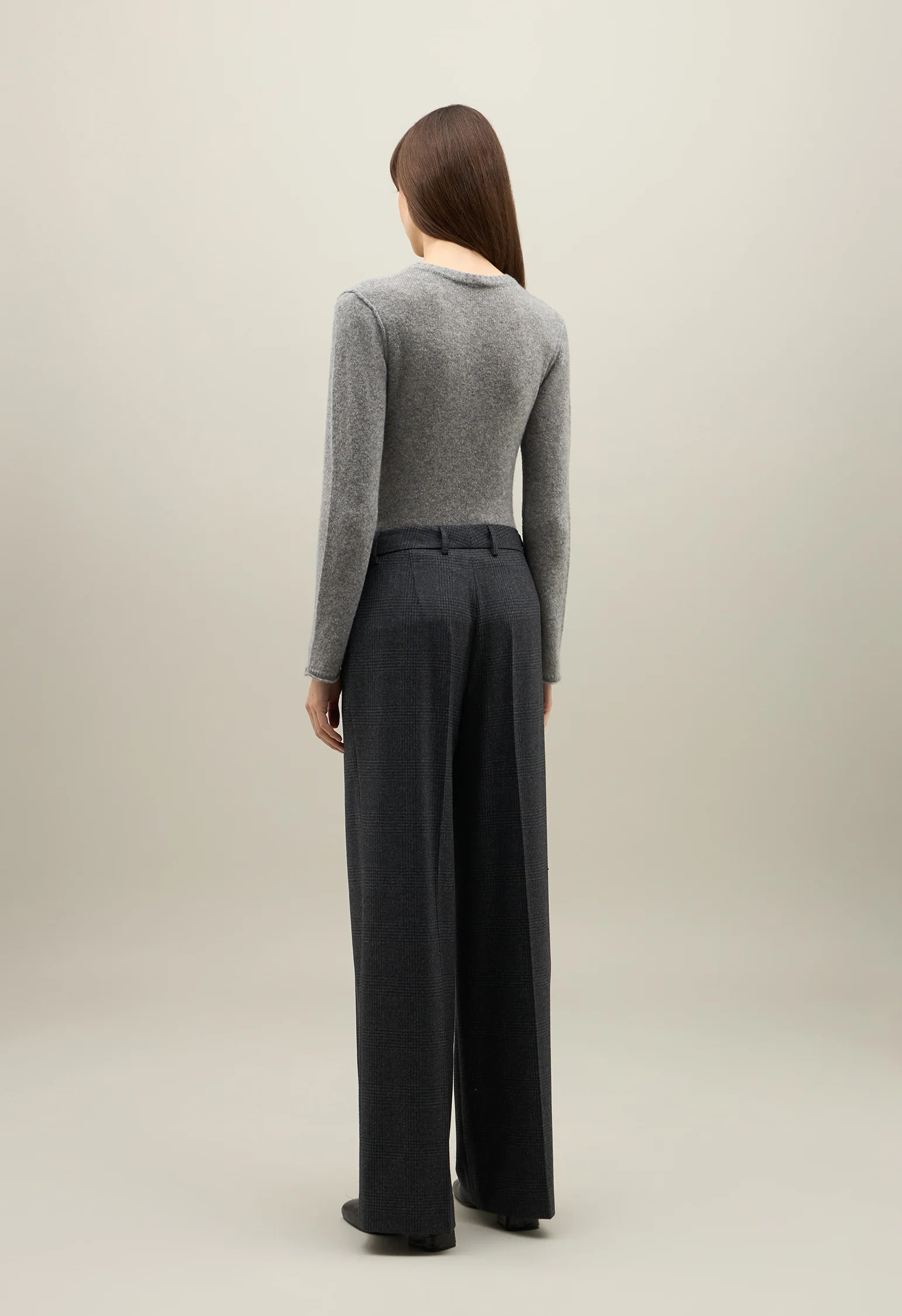 Pantalone wide-leg in flanella Principe di Galles grigio - Image 2