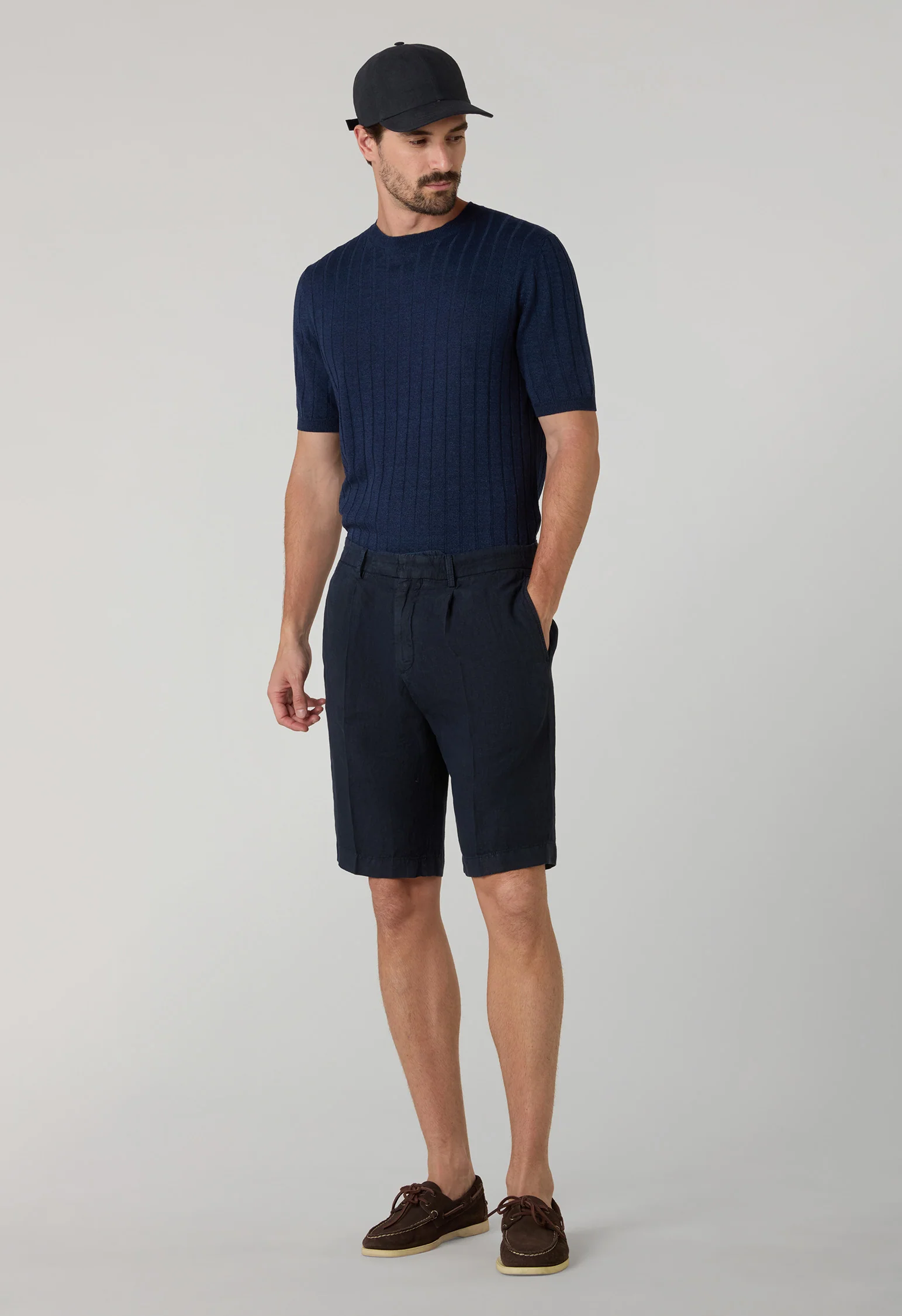 T-Shirt in lino e cotone a coste piatte blu - Image 3